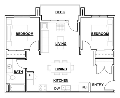 Floor plan for 2 beds, 1 bath, 805 sqft